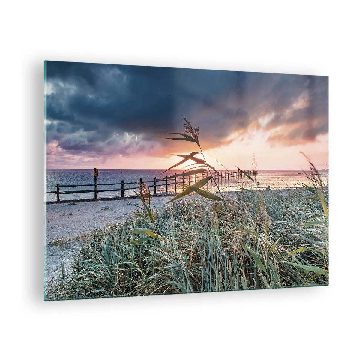 Schilderen op glas - Het strand bij zonsondergang met uitzicht op de pier, omgeven door gras - 70x50cm - Het gaat niet met de wind mee - Moderne wanddecoratie voor woonkamer en slaapkamer ARTTOR
