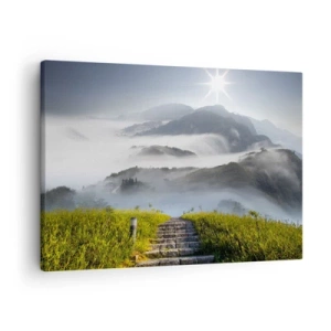 Schilderen op canvas - Stenen trappen die omhoog leiden door de bergen gehuld in ochtendmist - 70x50cm - Nog steeds tot in de wolken - Moderne wanddecoratie voor woonkamer en slaapkamer ARTTOR