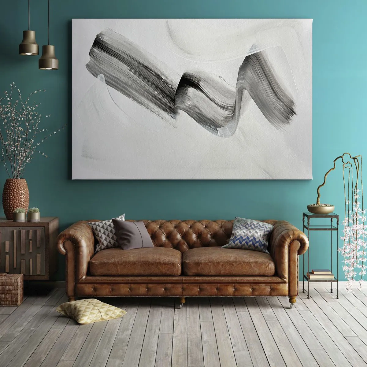 Schilderen op canvas - Abstracte zwart-witte penseelstreek op een lichte achtergrond - 70x50cm - Terloops voor de lol - Moderne wanddecoratie voor woonkamer en slaapkamer ARTTOR