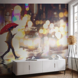 Zelfklevend Fotobehang Deluxe Sticker - Toch zonnig - Stad, Lopen in de regen, Paraplu - 100x70 cm
