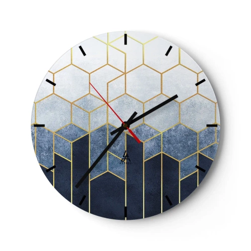 Wandklok - Klok - Geometrisch kubuspatroon in tinten blauw en goud - 30x30cm - Compositie in een gesyncopeerd ritme - Moderne wanddecoratie voor woonkamer, keuken en slaapkamer ARTTOR