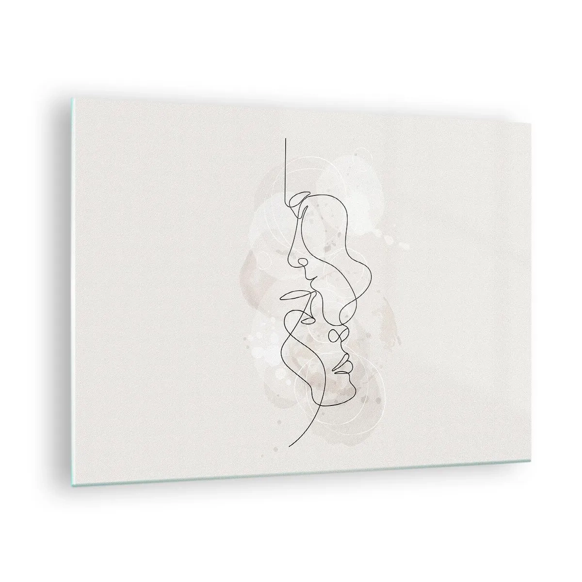 Schilderen op glas - Een minimalistische tekening van de gezichten van twee mensen in een subtiele, sensuele omhelzing. - 70x50cm - Verstrikt in een omhelzing - Moderne wanddecoratie voor woonkamer en slaapkamer ARTTOR