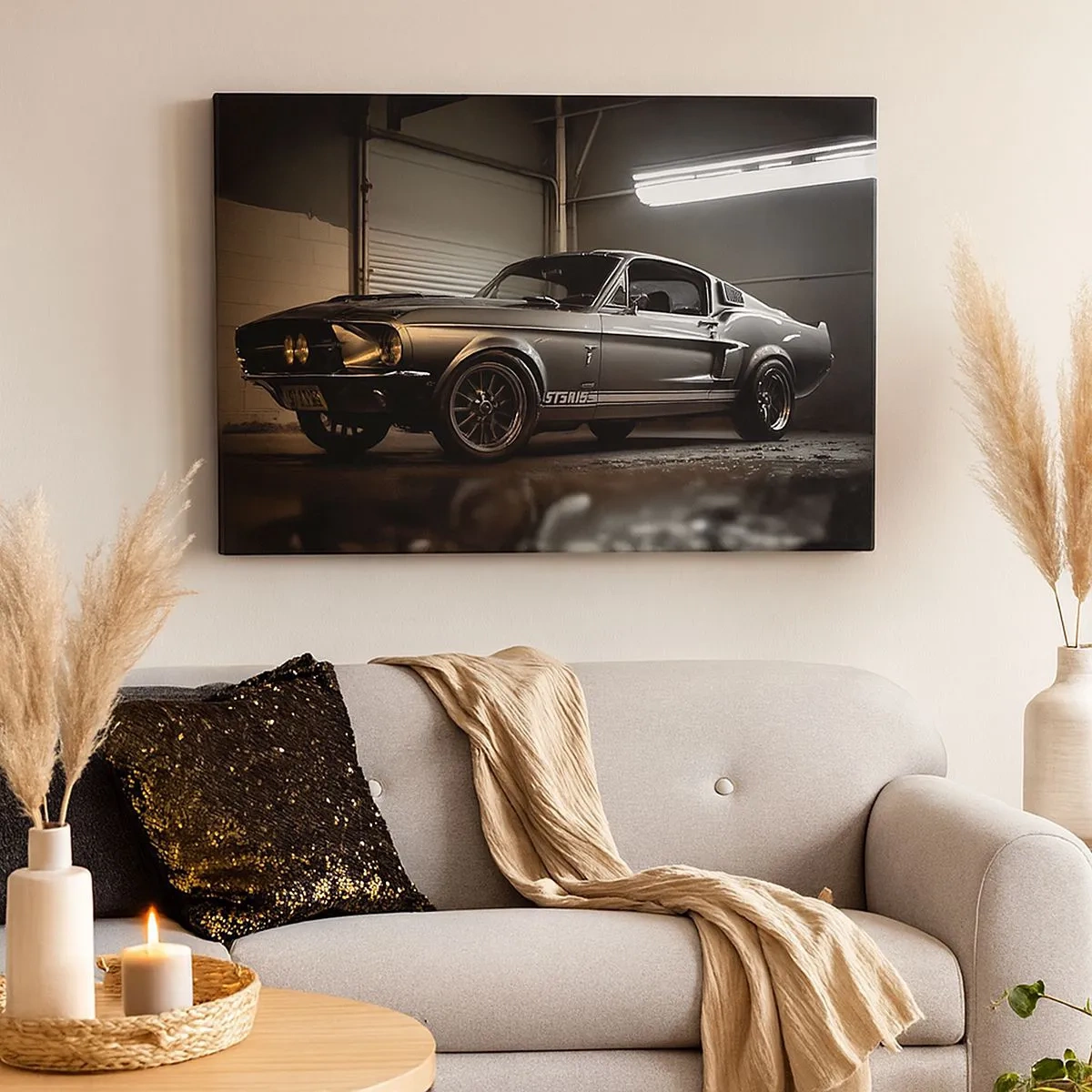 Schilderen op canvas - Klassieke auto in retrogarage - 70x50cm - Terug naar het verleden - Moderne wanddecoratie voor woonkamer en slaapkamer ARTTOR