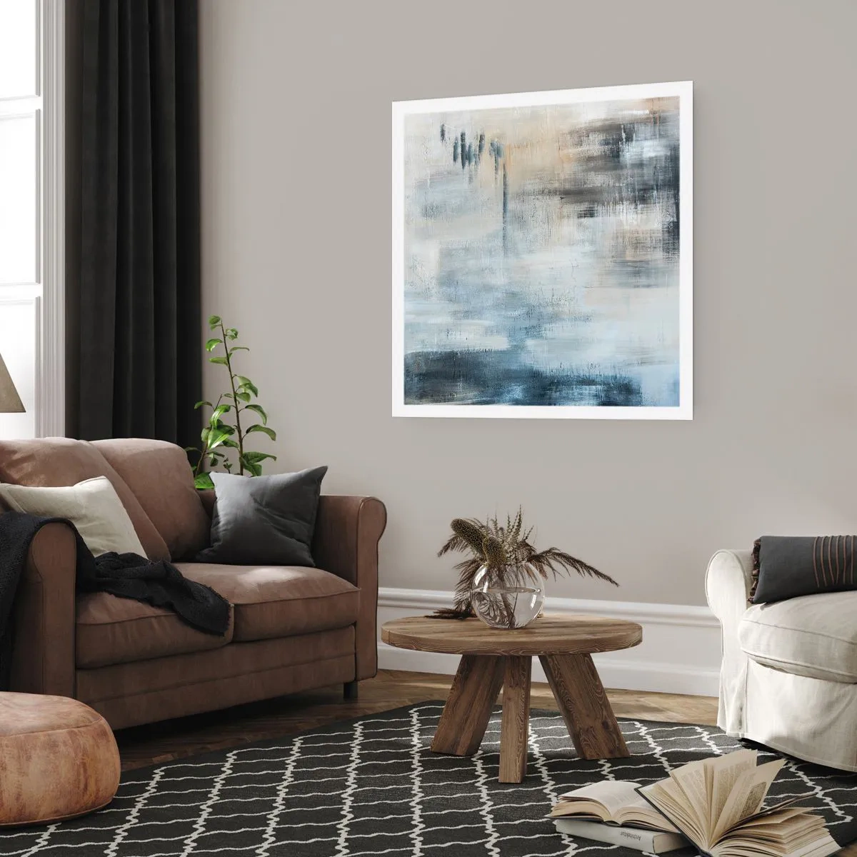 Poster - Achter het blauwe gordijn - 40x40 cm