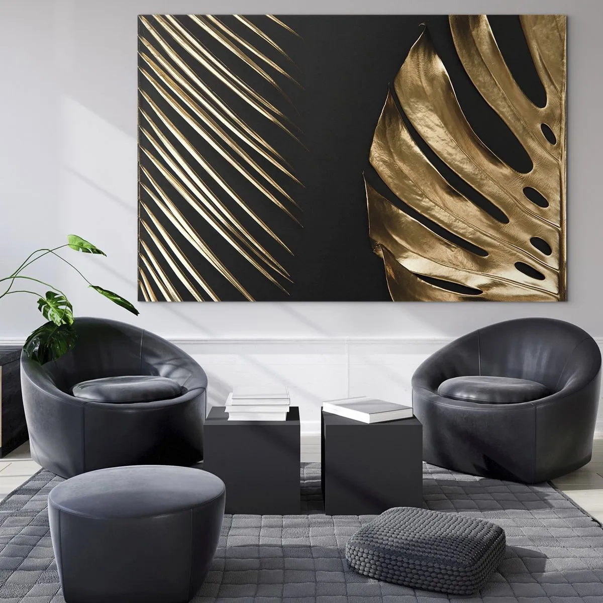 Schilderen op glas - Gouden palmbladeren en monstera's op een zwarte achtergrond - 70x50cm - Anders en net zo duur - Moderne wanddecoratie voor woonkamer en slaapkamer ARTTOR