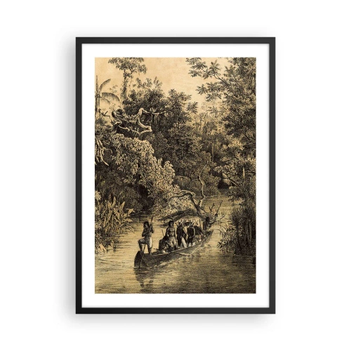 Poster in een zwarte lijst - Een gravure van een tropisch bos en een boot op een rivier - 50x70cm - Expeditie naar de bron - Moderne wanddecoratie voor woonkamer en slaapkamer ARTTOR