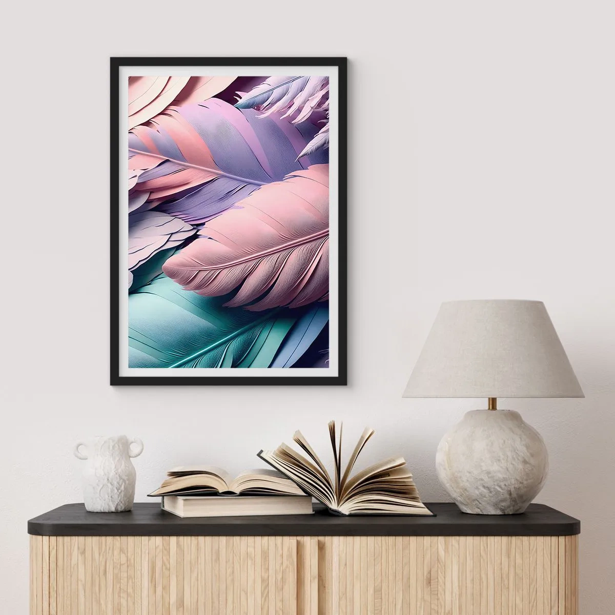 Poster in een zwarte lijst - Pastelveren in delicate tinten - 50x70cm - Vogel chique - Moderne wanddecoratie voor woonkamer en slaapkamer ARTTOR