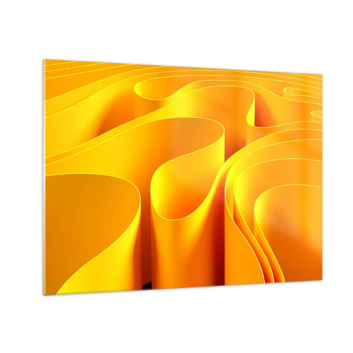 Schilderen op glas - Abstracte golven in tinten goud en oranje - 70x50cm - Als de golven van de zon - Moderne wanddecoratie voor woonkamer en slaapkamer ARTTOR