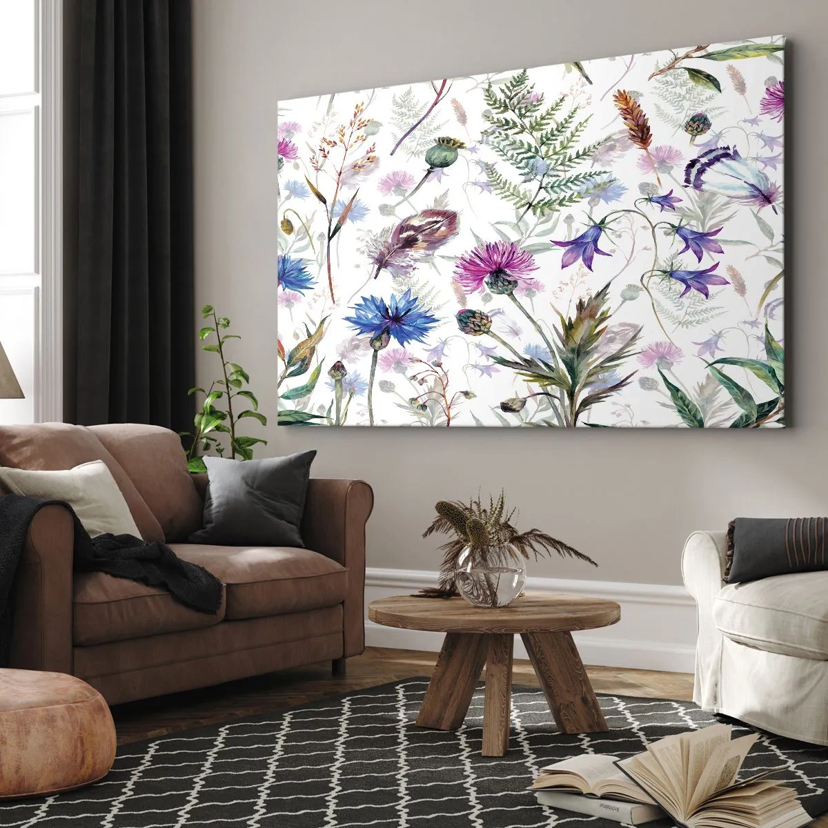 Schilderen op canvas - Aquarelbloemen en kruiden op een witte achtergrond in herbariumstijl - 70x50cm - Pools herbarium - Moderne wanddecoratie voor woonkamer en slaapkamer ARTTOR