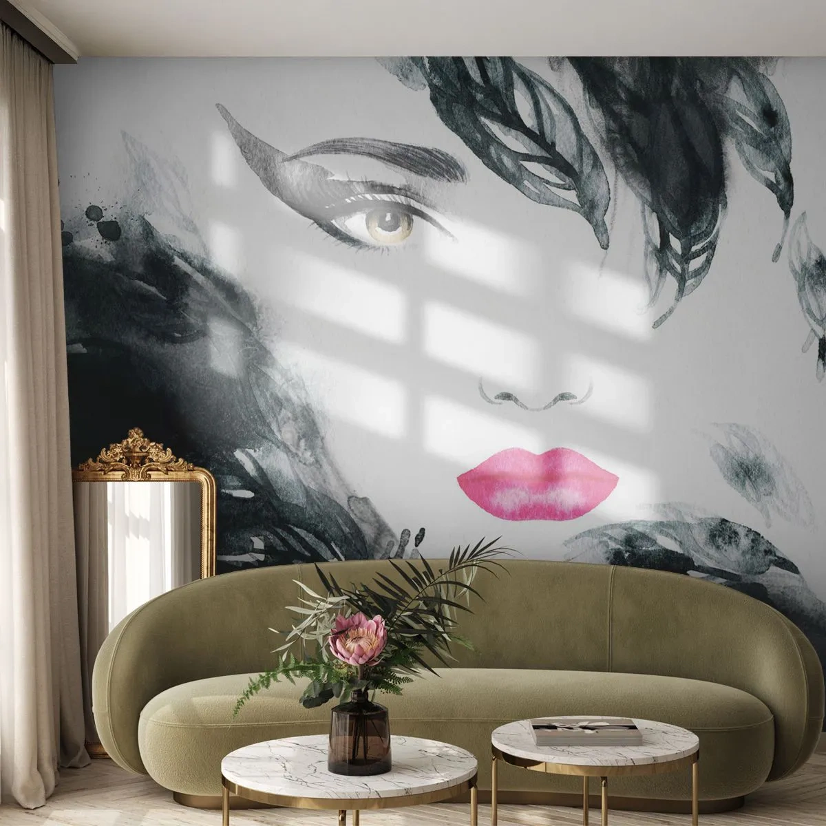 Fotobehang Standard Eco - Gestileerd portret van een vrouw in aquarelkleuren - 100x70cm - Aandacht! Femme fatale - Moderne wanddecoratie voor woonkamer en slaapkamer ARTTOR