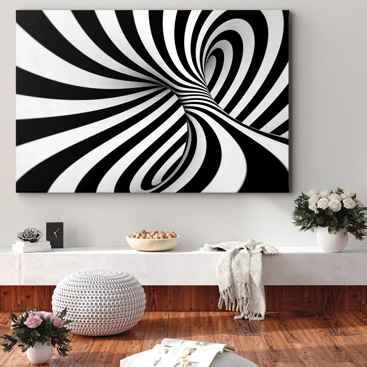 Schilderen op canvas - Abstracte tunnel met zwart-witte spiraalstrepen - 70x50cm - Compositie: dansende ruimte - Moderne wanddecoratie voor woonkamer en slaapkamer ARTTOR
