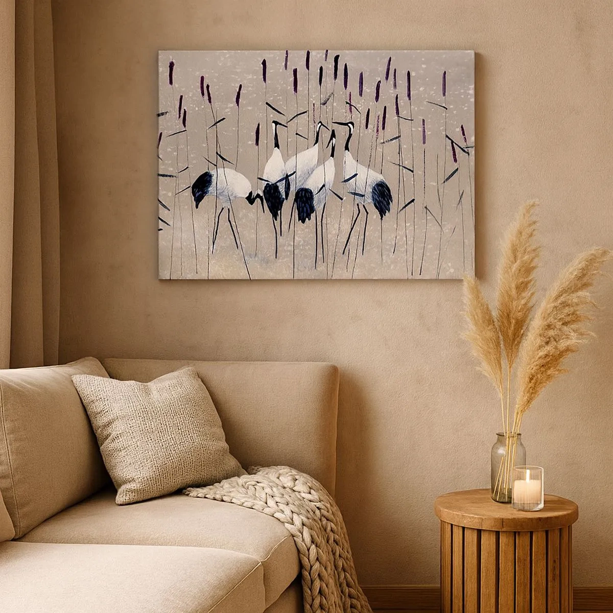 Schilderen op canvas - Reigers in het gras tegen een vredige achtergrond - 70x50cm - Onder hun eigen - Moderne wanddecoratie voor woonkamer en slaapkamer ARTTOR