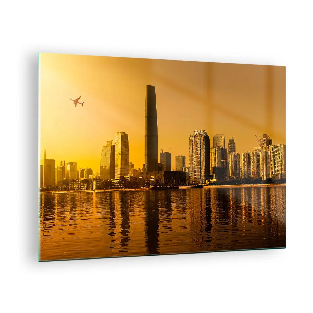 Schilderen op glas - Een moderne stad met wolkenkrabbers bij zonsondergang - 70x50cm - De gouden stad - Moderne wanddecoratie voor woonkamer en slaapkamer ARTTOR