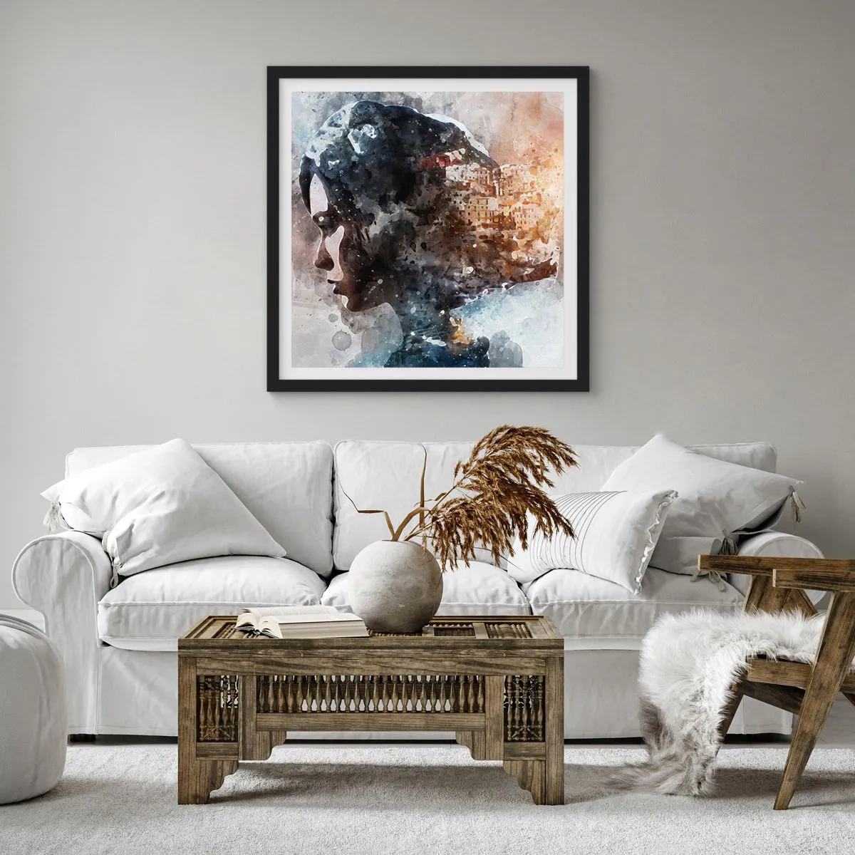 Poster in een zwarte lijst - Een verhaal over een meisje met een stad op de achtergrond - 60x60 cm