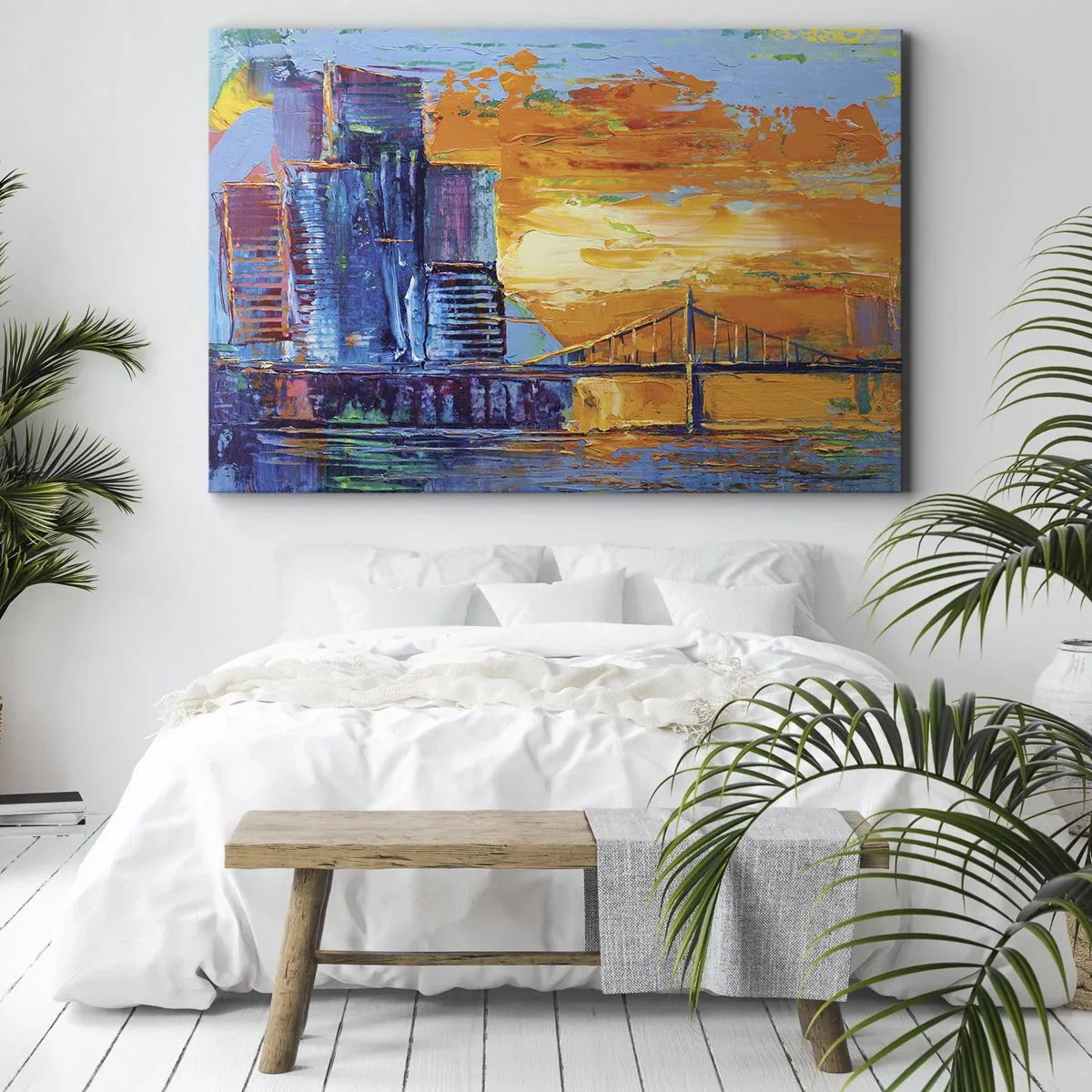 Schilderen op canvas - Een kleurrijke stad met een brug in de ondergaande zon - 70x50cm - Cultuur en natuur - Moderne wanddecoratie voor woonkamer en slaapkamer ARTTOR