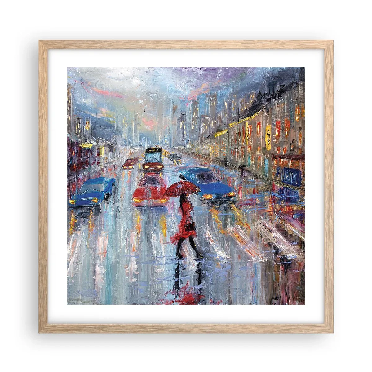Een poster in een licht eiken lijst - Regenachtige middag in de stad - 50x50 cm