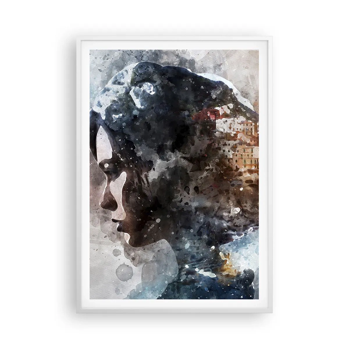 Poster in een witte lijst - Een verhaal over een meisje met een stad op de achtergrond - 70x100 cm