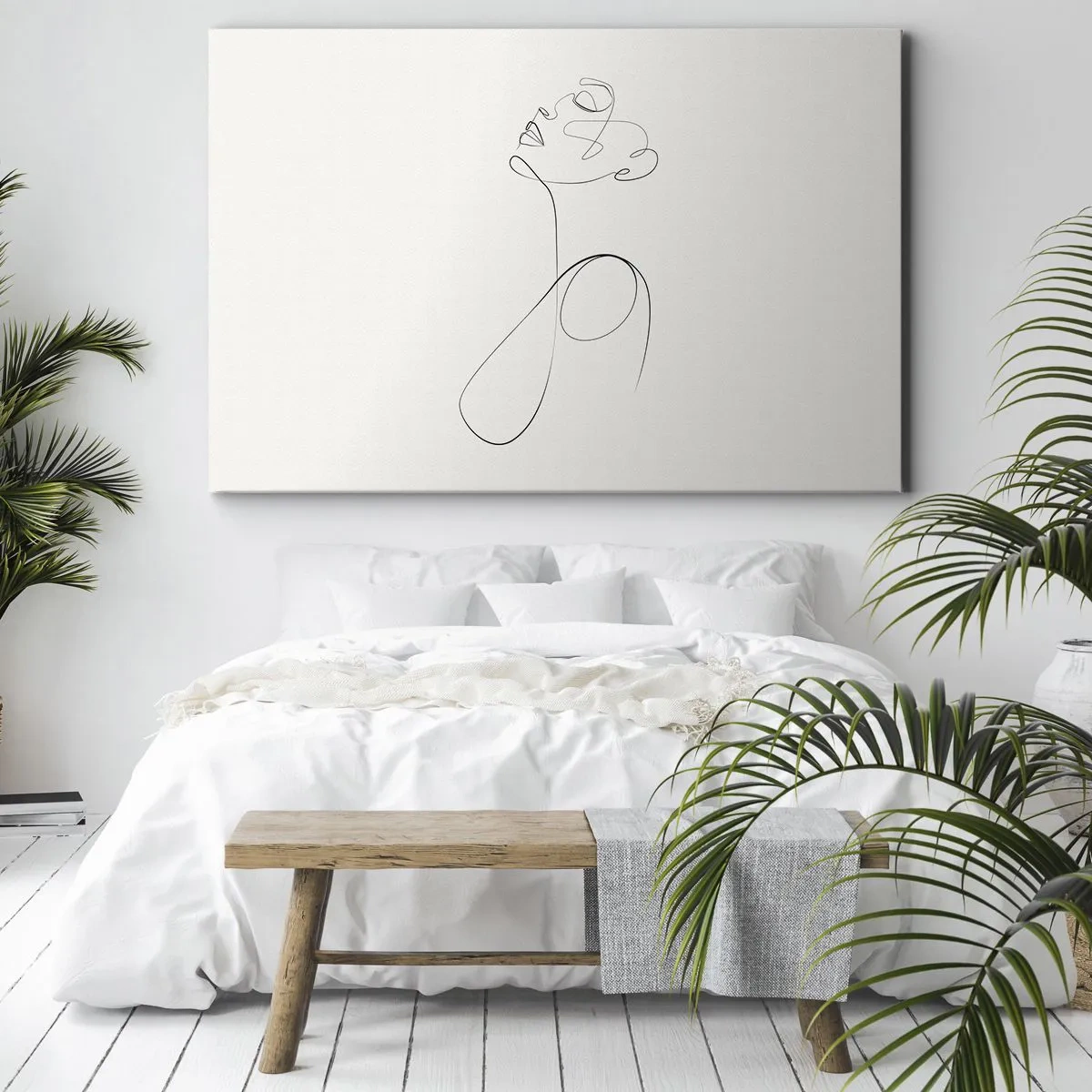 Schilderen op canvas - Minimalistische lijntekening van een gezicht op een witte achtergrond - 70x50cm - Loopt in dromen - Moderne wanddecoratie voor woonkamer en slaapkamer ARTTOR