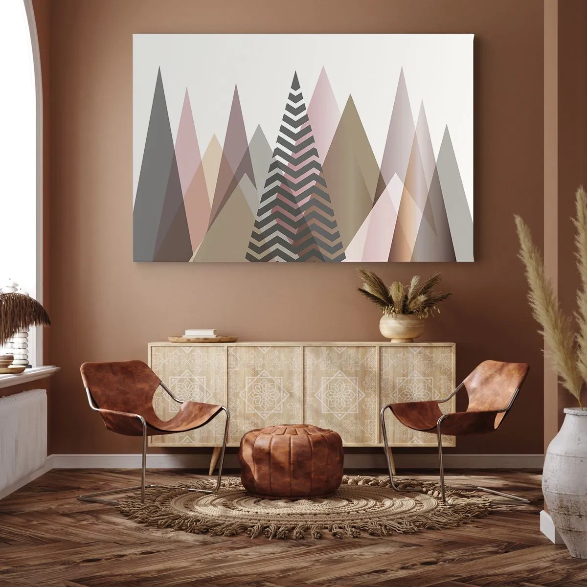 Schilderen op canvas - Kleurrijke geometrische bergen in pasteltinten - 70x50cm - Piramidaal uitzicht - Moderne wanddecoratie voor woonkamer en slaapkamer ARTTOR