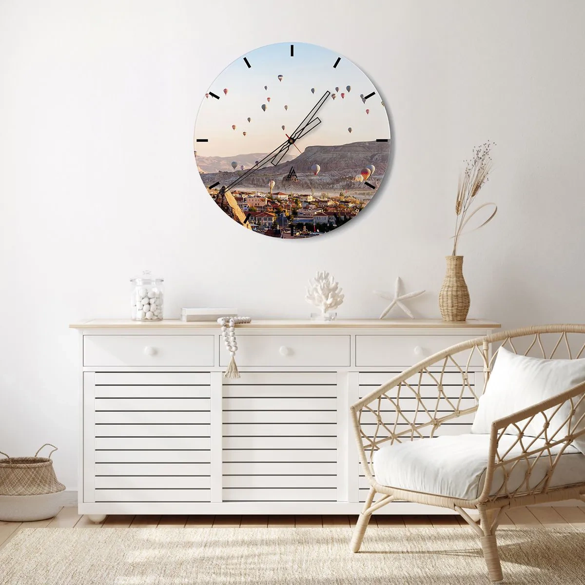 Wandklok - Klok - Ballonnen zweven 's ochtends over Cappadocië - 30x30cm - Als schepen in de lucht - Moderne wanddecoratie voor woonkamer, keuken en slaapkamer ARTTOR