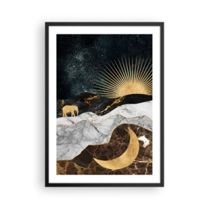 Poster in een zwarte lijst - Gouden landschap met de maan, de zon en het silhouet van een olifant - 50x70cm - Eeuwige wetten - Moderne wanddecoratie voor woonkamer en slaapkamer ARTTOR