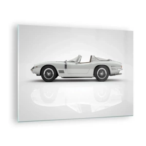 Schilderen op glas - Een klassieke witte cabriolet tegen een minimalistische achtergrond met reflecties. - 70x50cm - Belofte van plezier - Moderne wanddecoratie voor woonkamer en slaapkamer ARTTOR