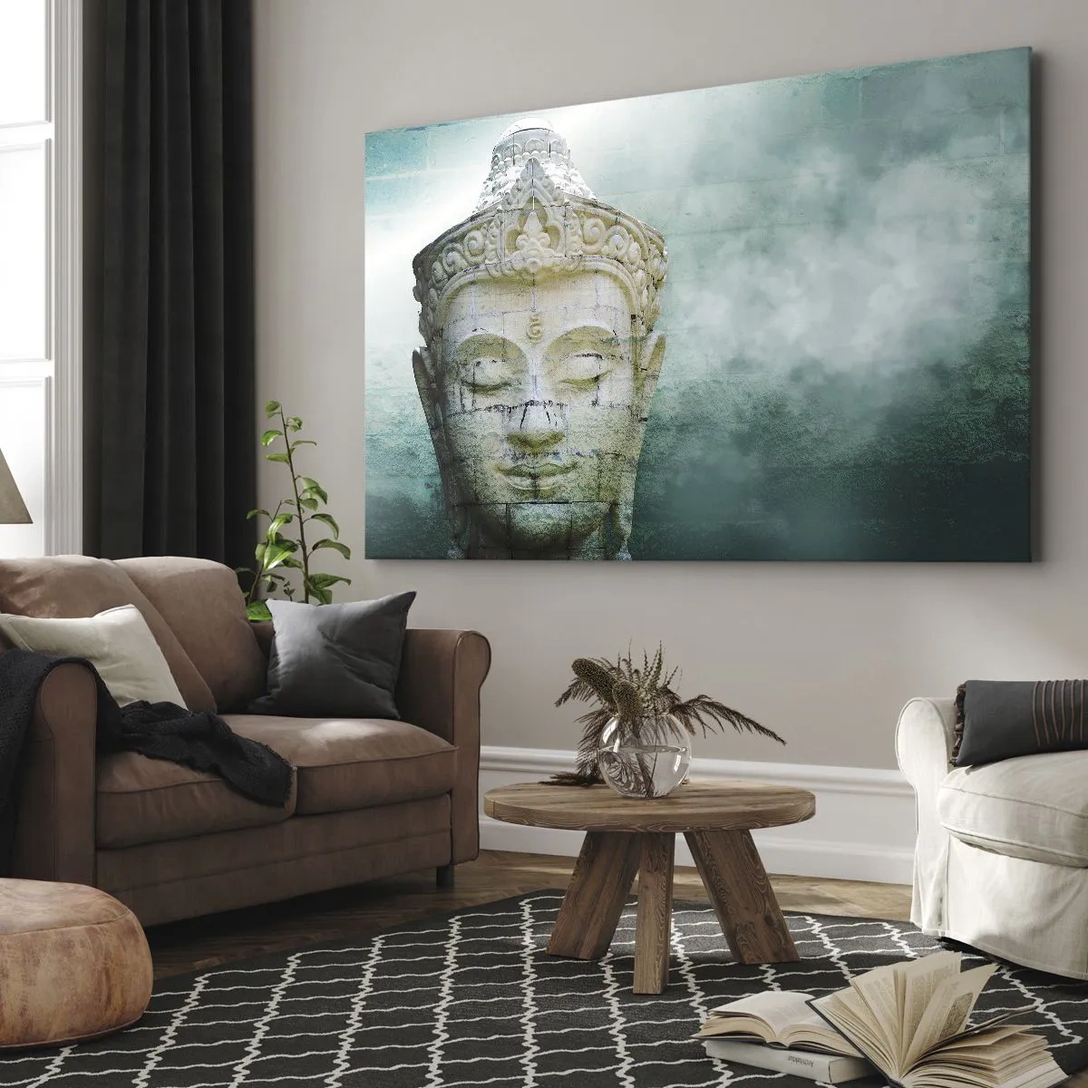 Schilderen op canvas - Boeddhabeeld met een zachte mist tegen een groene achtergrond - 70x50cm - Op zoek naar het licht - Moderne wanddecoratie voor woonkamer en slaapkamer ARTTOR