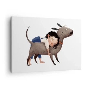 Schilderen op canvas - Cartoonachtige illustratie van een kind dat een hond knuffelt - 70x50cm - Beste vrienden - Moderne wanddecoratie voor woonkamer en slaapkamer ARTTOR