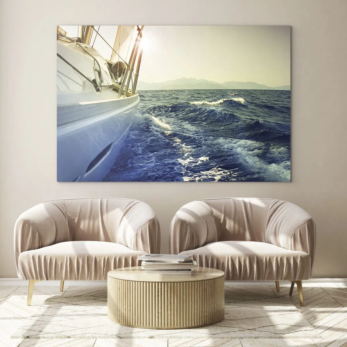 Schilderen op glas - Een zeilboot op een kalme zee in het licht van de ondergaande zon - 70x50cm - Voor het avontuur - Moderne wanddecoratie voor woonkamer en slaapkamer ARTTOR