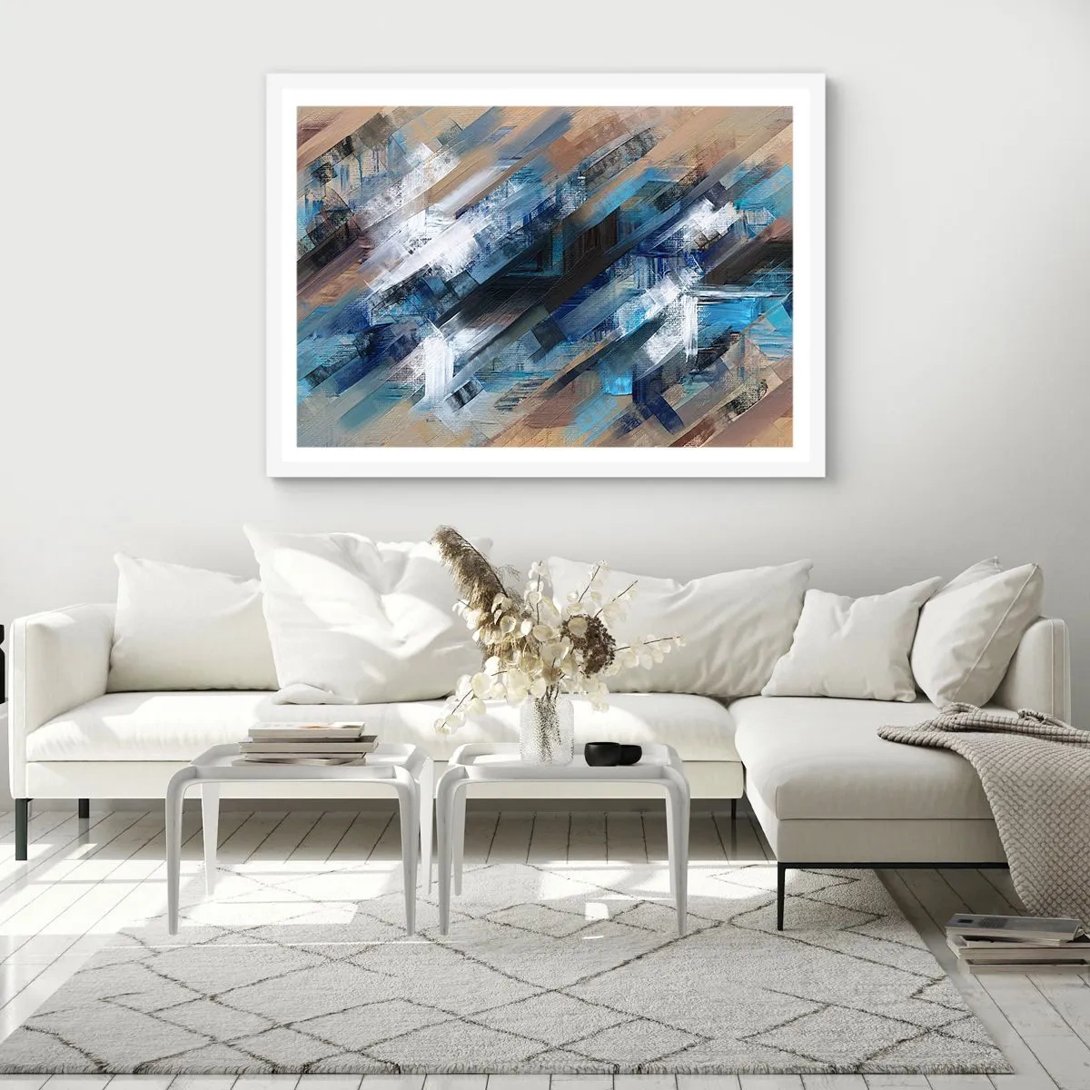 Poster in een witte lijst - Op een blauwe diagonaal - 100x70 cm