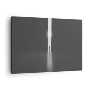 Schilderen op canvas - Een man staat in het licht van een smalle spleet in een donkere ruimte - 70x50cm - Een stap naar een mooie toekomst - Moderne wanddecoratie voor woonkamer en slaapkamer ARTTOR
