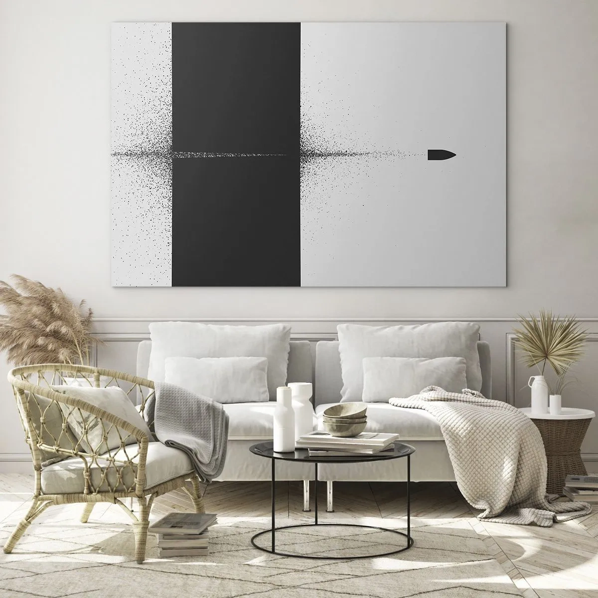 Schilderen op glas - Een abstracte compositie van zwart en wit met een dynamische lijn - 70x50cm - Rechtstreeks naar het doel - Moderne wanddecoratie voor woonkamer en slaapkamer ARTTOR