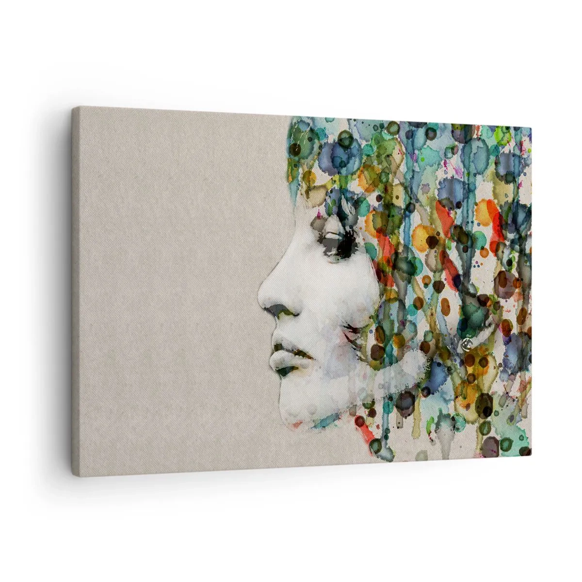 Schilderen op canvas - Profiel van een vrouw in aquarelkleuren met een abstracte achtergrond - 70x50cm - Ze kwam uit het grijs - Moderne wanddecoratie voor woonkamer en slaapkamer ARTTOR