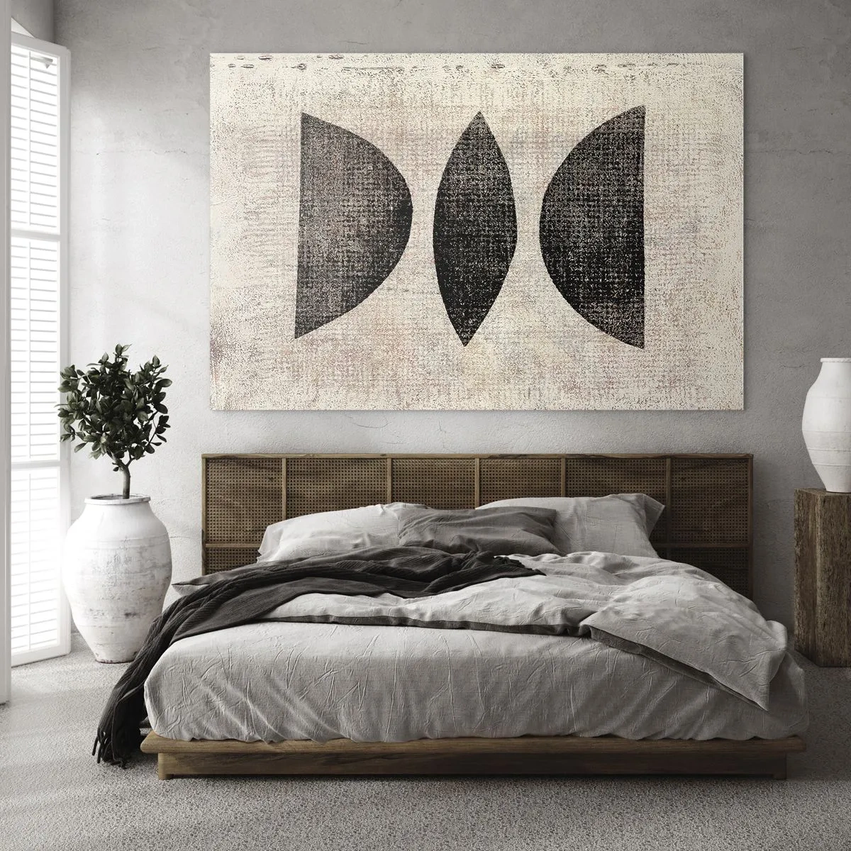 Schilderen op glas - Zwarte geometrische vormen op een beige achtergrond - 70x50cm - etnische abstractie - Moderne wanddecoratie voor woonkamer en slaapkamer ARTTOR