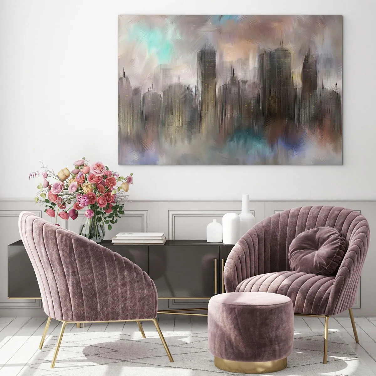 Schilderen op glas - Abstract beeld van een stad met wolkenkrabbers - 70x50cm - Een compositie van staal, steen en mist - Moderne wanddecoratie voor woonkamer en slaapkamer ARTTOR