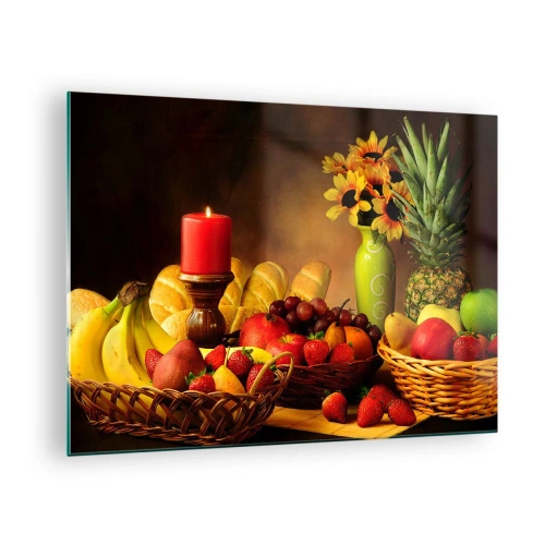 Schilderen op glas - Een compositie van fruit, brood en een kaars in rustieke stijl - 70x50cm - Stilleven met brood en fruit - Moderne wanddecoratie voor woonkamer en slaapkamer ARTTOR