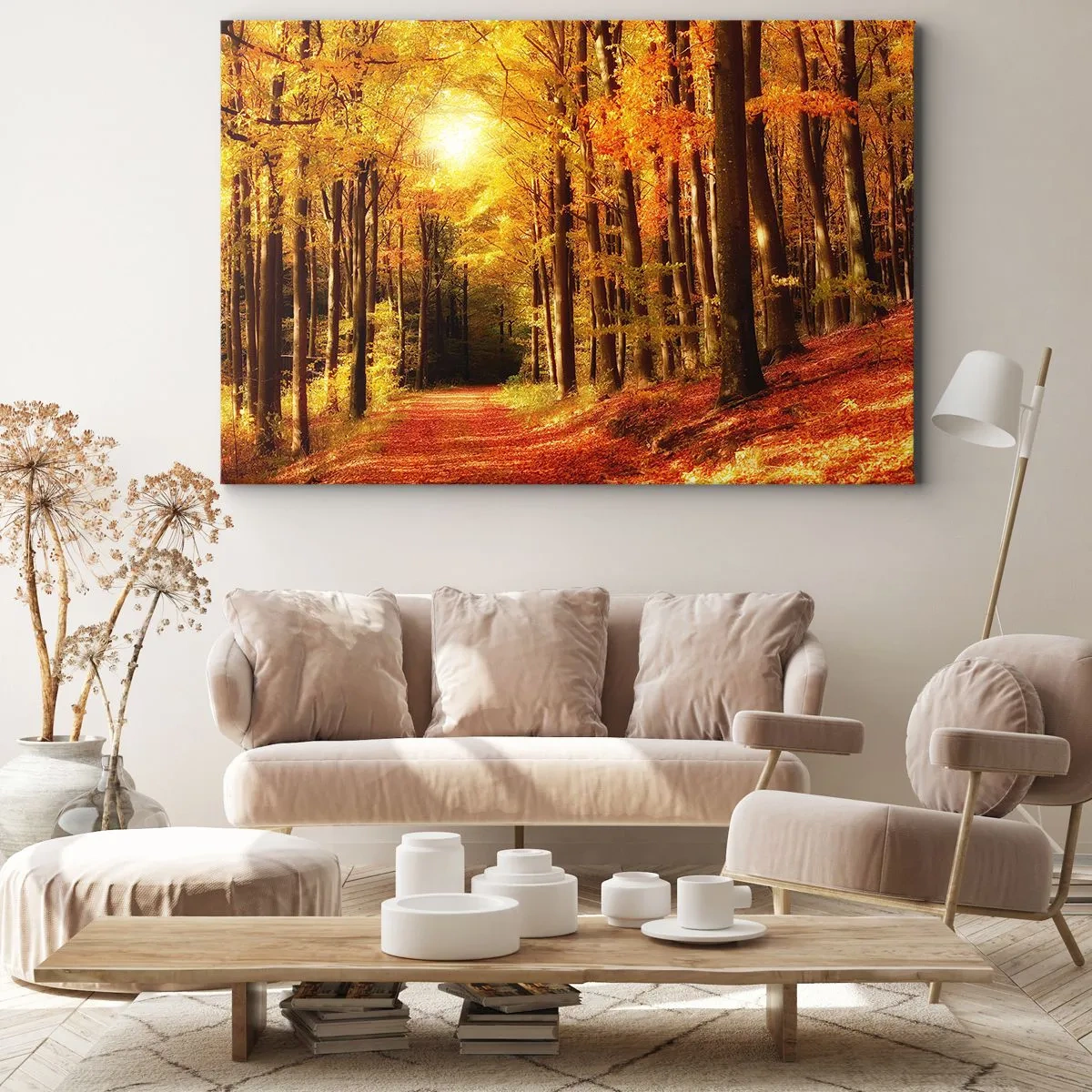 Schilderen op canvas - Herfstbos met zonnestralen die door de bomen schijnen - 70x50cm - Gouden herfst op een bosweg - Moderne wanddecoratie voor woonkamer en slaapkamer ARTTOR