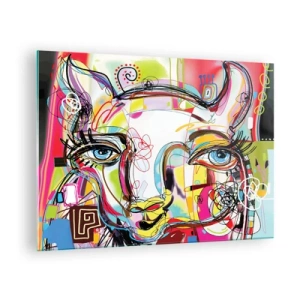 Schilderen op glas - Abstract beeld van een kattengezicht in kleurrijke artistieke expressie - 70x50cm - De rijkdom van het middelbare schooldiploma van de kat - Moderne wanddecoratie voor woonkamer en slaapkamer ARTTOR