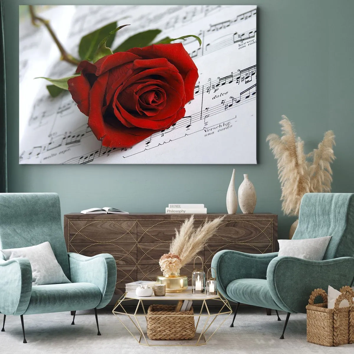 Schilderen op canvas - Een rode roos tegen een achtergrond van muzieknoten op wit papier. - 70x50cm - Muziek van gevoelens in scharlaken - Moderne wanddecoratie voor woonkamer en slaapkamer ARTTOR