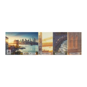 Fotobehang Monster Premium Canvas - Dageraad in de grote stad - New York, Stad, Brooklyn Bridge - 100x30 cm