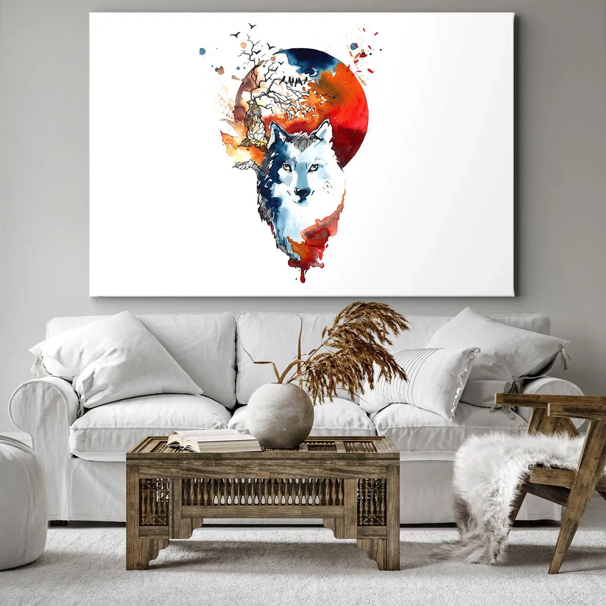 Schilderen op canvas - Abstract aquarelschilderij van een wolf tegen een rode maan - 70x50cm - Neus aan neus met de nacht - Moderne wanddecoratie voor woonkamer en slaapkamer ARTTOR