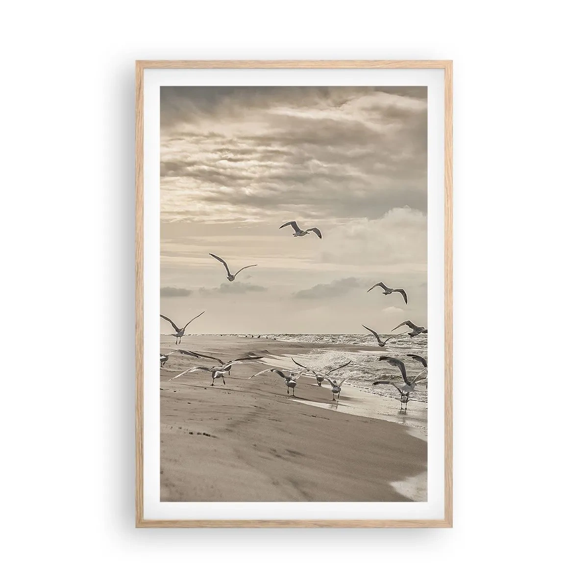 Een poster in een licht eiken lijst - Het geluid van de zee, het zingen van vogels - 61x91 cm