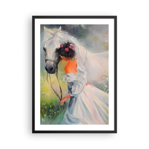 Poster in een zwarte lijst - Een vrouw met een wit paard in schilderachtige stijl - 50x70cm - Als uit een mooie droom - Moderne wanddecoratie voor woonkamer en slaapkamer ARTTOR
