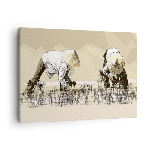 Schilderen op canvas - Boeren die op een rijstveld werken, dragen traditionele hoofddeksels - 70x50cm - Succesvolle oogst - Moderne wanddecoratie voor woonkamer en slaapkamer ARTTOR
