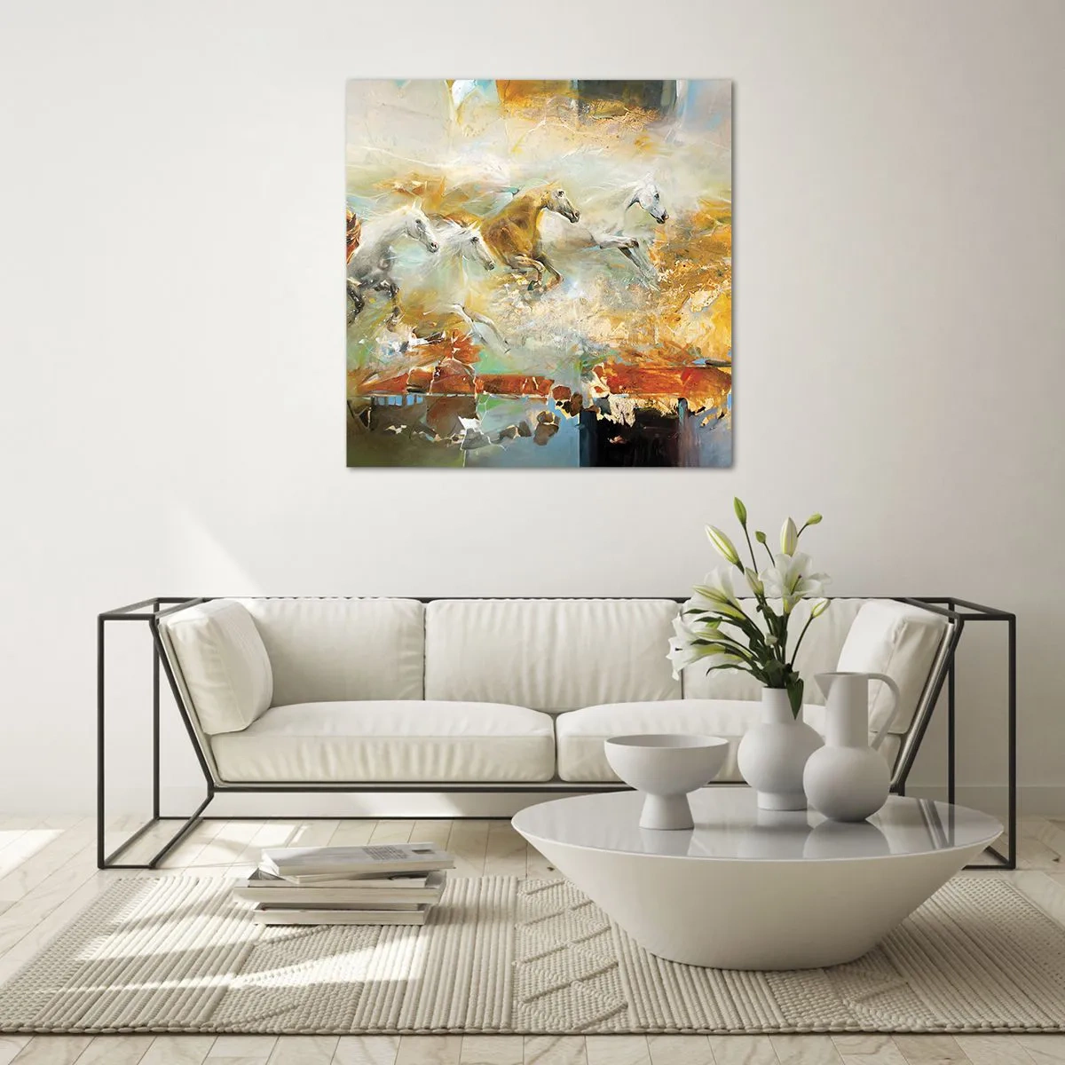 Schilderen op glas - Galopperen door het licht - 70x70 cm