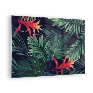 Schilderen op glas - Exotische bladeren en bloemen op een donkere achtergrond - 70x50cm - Ontsteken in het groen - Moderne wanddecoratie voor woonkamer en slaapkamer ARTTOR