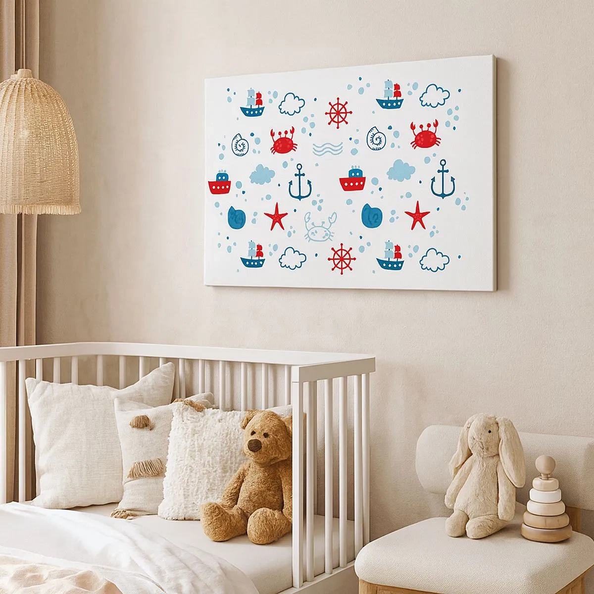 Schilderen op canvas - Nautisch patroon met ankers, schepen en krabben - 70x50cm - Zee sprookje - Moderne wanddecoratie voor woonkamer en slaapkamer ARTTOR