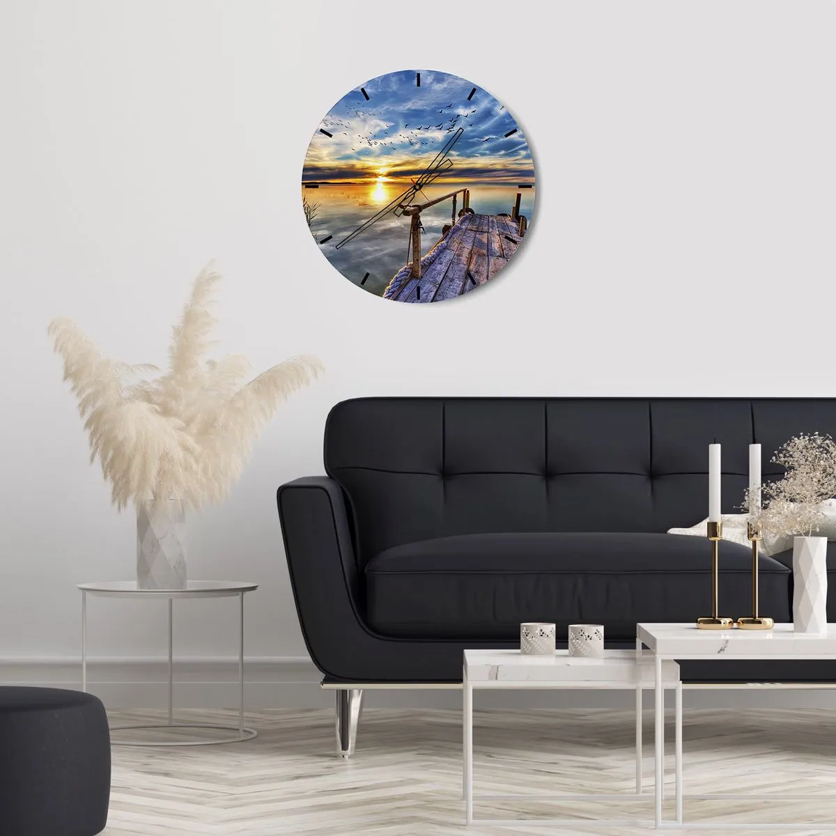 Wandklok - Klok - Houten steiger over het meer bij zonsondergang - 30x30cm - De wind gaat rusten - Moderne wanddecoratie voor woonkamer, keuken en slaapkamer ARTTOR