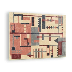 Schilderen op glas - Abstract geometrisch patroon in beige en rode tinten - 70x50cm - Een combinatie van verticalen en horizontalen - Moderne wanddecoratie voor woonkamer en slaapkamer ARTTOR