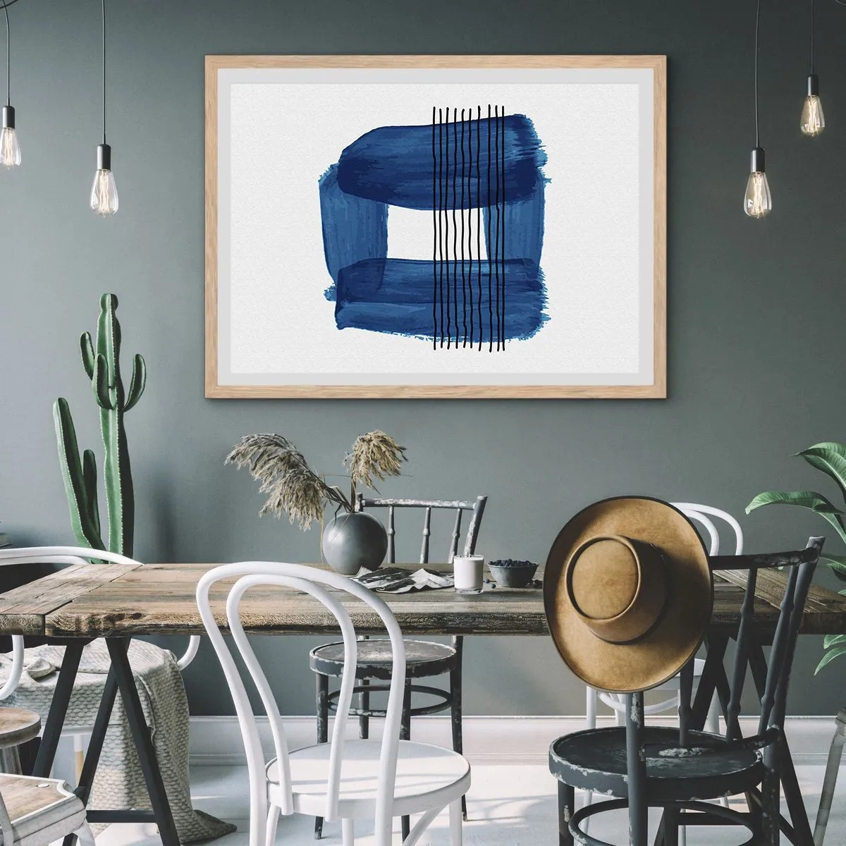 Een poster in een licht eiken lijst - Blauwe en zwarte compositie - 40x30 cm